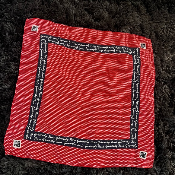 Givenchy Vintage Red Blue Silk Logo Scarf - Picture 10 of 13